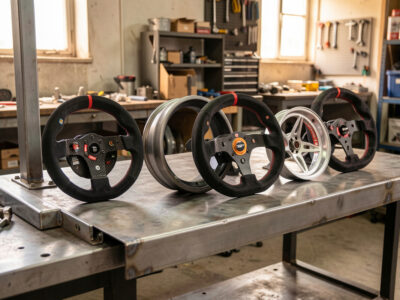 Detachable sim racing wheel rims lined up on a welded steel cockpit workbench