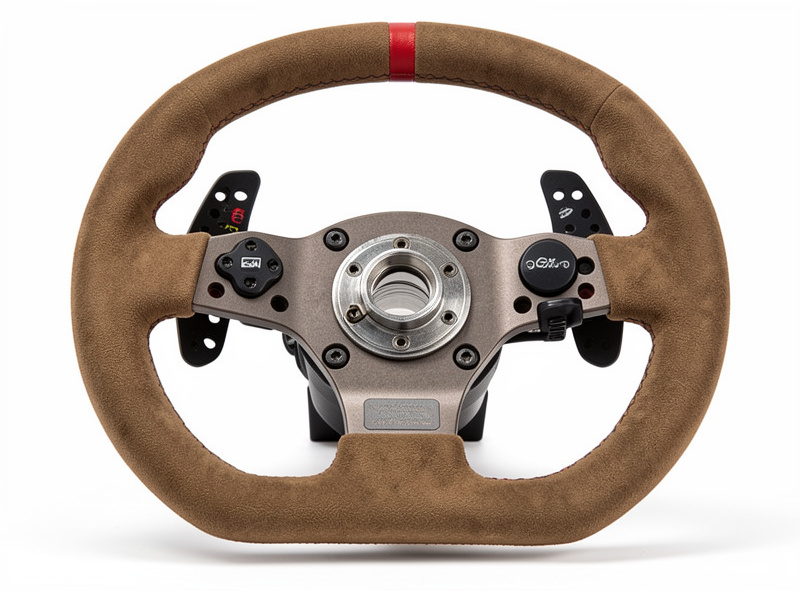 Close-up of a 30cm suede-wrapped GT sim racing rim with dual-clutch paddles and a quick-release hub