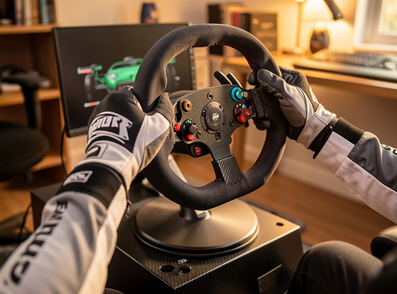 Hands in racing gloves gripping a formula-style sim rim mounted on a direct-drive base in a home cockpit