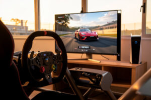 Sim racing wheel mounted on a cockpit in front of a PS5 console running Gran Turismo 7