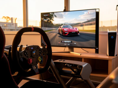Sim racing wheel mounted on a cockpit in front of a PS5 console running Gran Turismo 7