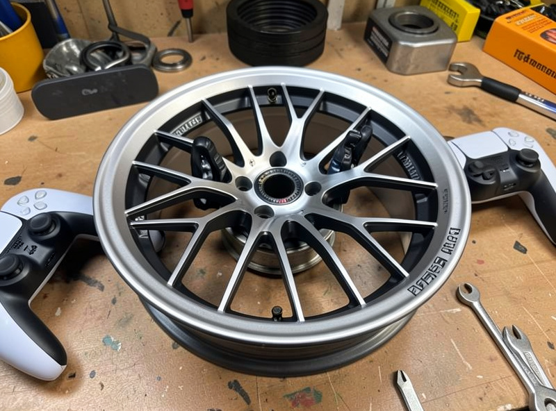 Formula-style direct-drive wheel rim with quick-release and paddle shifters beside a PS5 controller