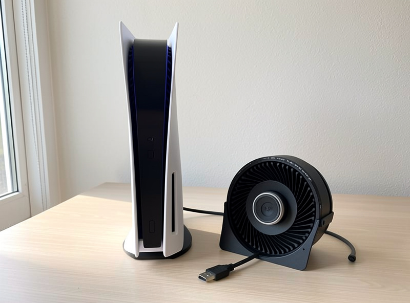 PlayStation 5 console standing vertically beside a direct-drive wheelbase with USB cable connected