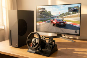 Sim racing wheel and pedals set up in front of an Xbox Series X console and a racing game on a monitor