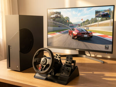 Sim racing wheel and pedals set up in front of an Xbox Series X console and a racing game on a monitor