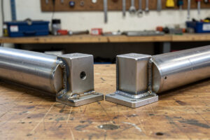 Bolted steel angle-bracket joint beside a welded steel corner joint on sim rig tubes
