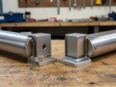 Bolted steel angle-bracket joint beside a welded steel corner joint on sim rig tubes
