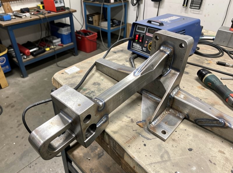 A welded steel brace being added to a sim racing pedal mount with a MIG welder nearby