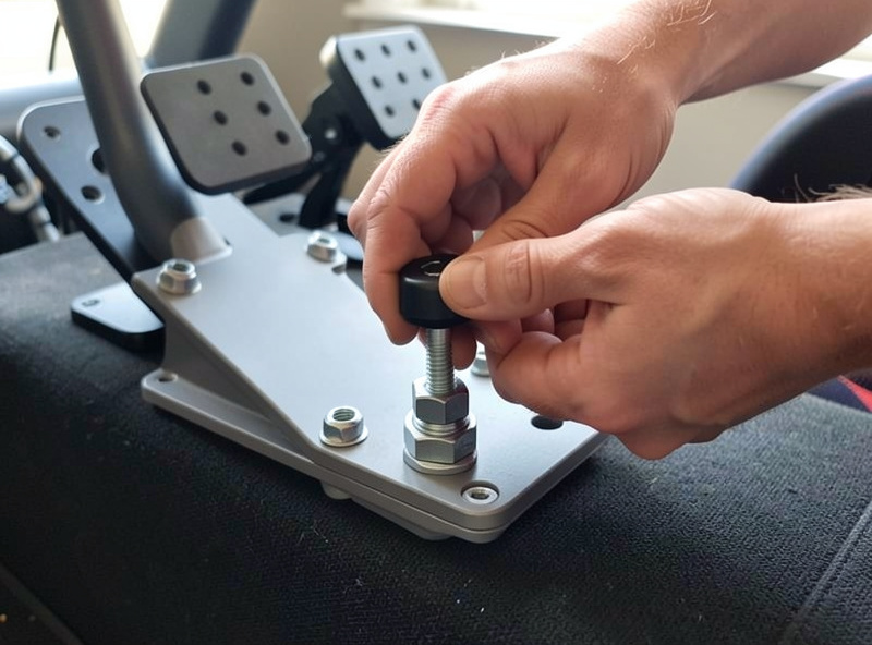 Hands tightening a bolted L-bracket reinforcing a sim racing pedal deck