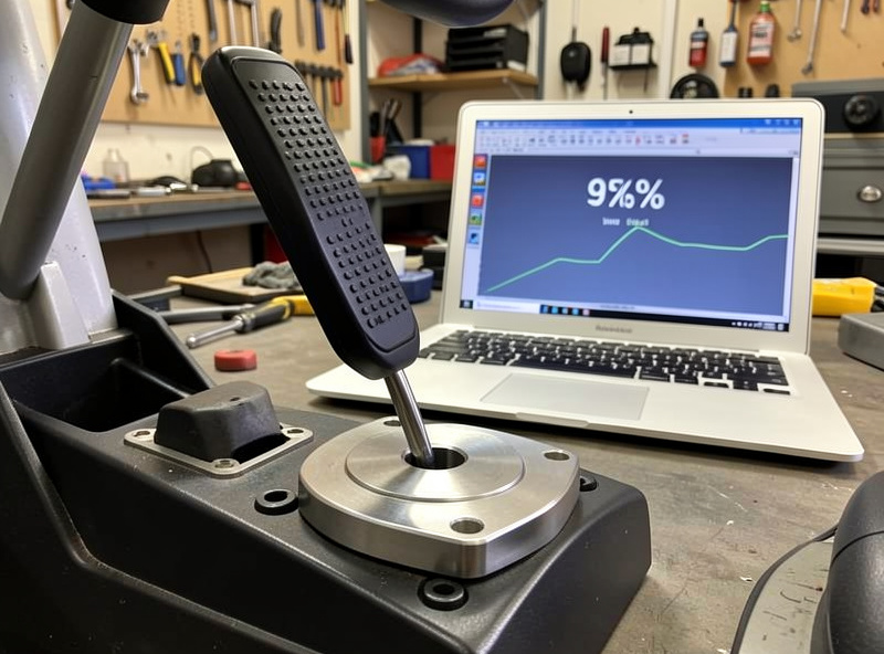 A load-cell brake pedal being pressed with a laptop showing input percentage behind it