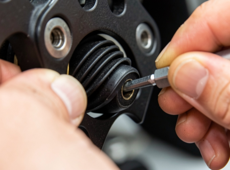 An elastomer stack being installed behind a sim racing brake pedal face with an allen key
