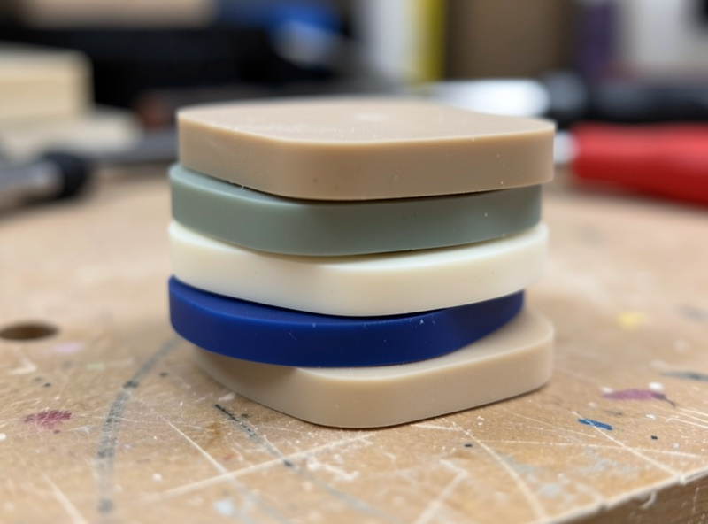 Several polyurethane elastomer pieces of different durometers stacked in order on a workbench
