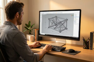 Builder at a computer with a 3D CAD model of a steel sim rig frame on screen