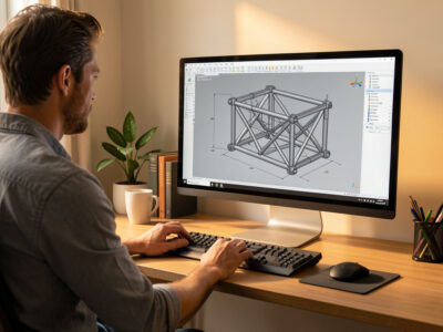 Builder at a computer with a 3D CAD model of a steel sim rig frame on screen