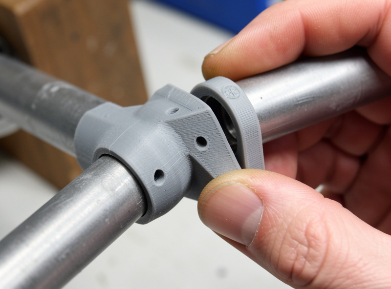 A 3D-printed plastic test jig checking the angle of a steel sim rig joint before welding