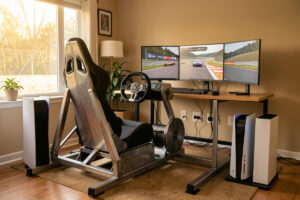 Welded steel sim racing cockpit with a PS5 and Xbox console beside a direct-drive wheelbase and triple monitors