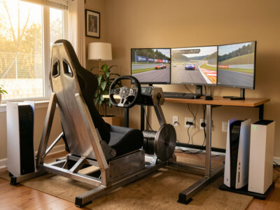Welded steel sim racing cockpit with a PS5 and Xbox console beside a direct-drive wheelbase and triple monitors