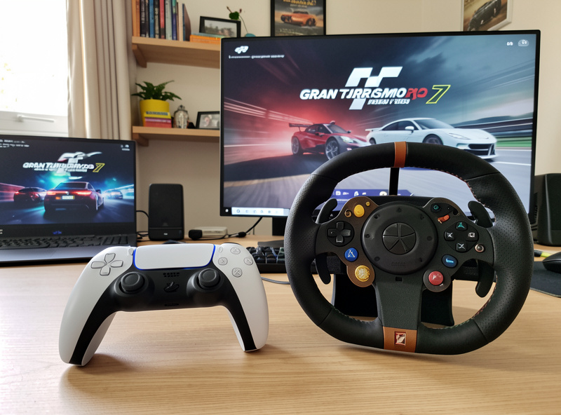 PlayStation 5 controller and a sim racing wheel side by side on a desk beside a Gran Turismo 7 screen