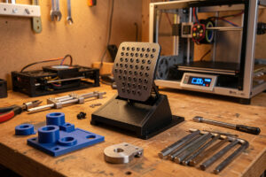 Sim racing brake pedal on a workshop bench with 3D-printed parts and tools