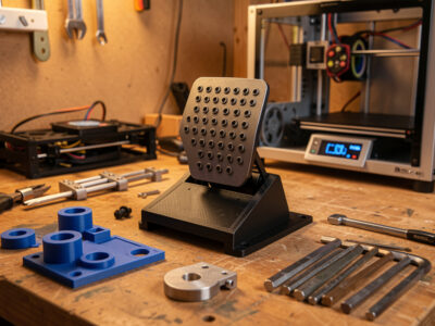 Sim racing brake pedal on a workshop bench with 3D-printed parts and tools