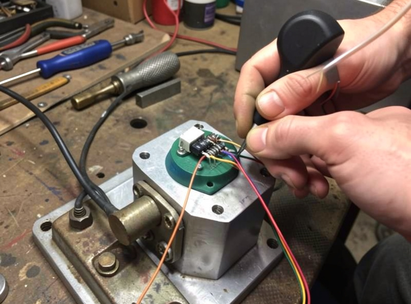 A load cell being retrofitted into an older sim racing pedal, hands soldering wires