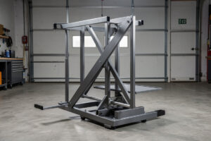 Steel sim rig with a diagonal brace added across the wheel-deck upright for triangulation