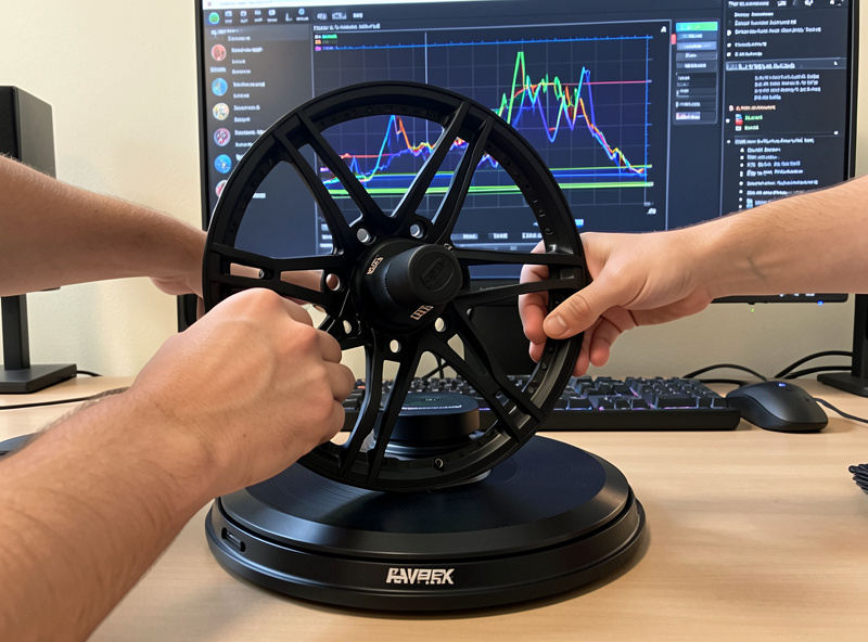 Hands twisting a sim rig wheel rim against a locked direct-drive base to test for frame flex