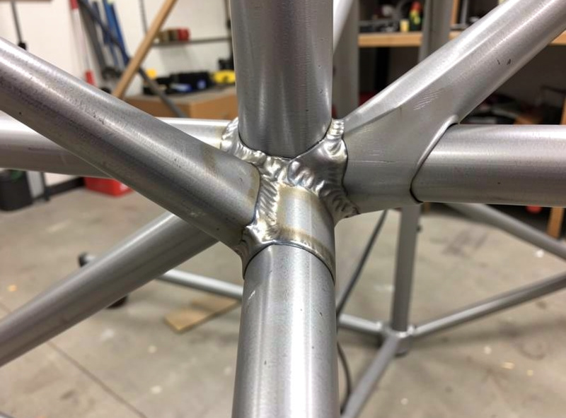 Close-up of a diagonal steel gusset brace welded into the corner of a sim rig frame