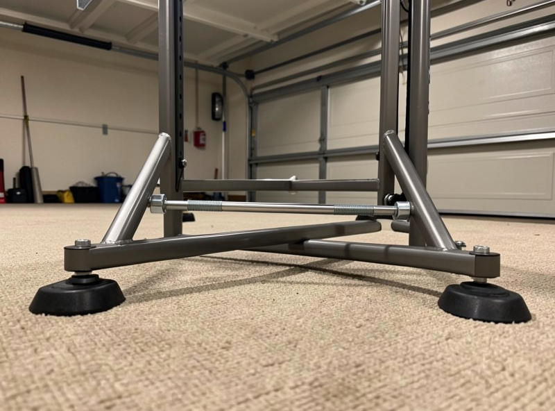 Wide steel feet and a floor bar added to the base of a sim rig to stop it rocking on carpet