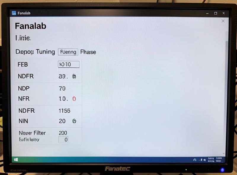 Fanalab tuning menu open on a PC monitor showing FFB and filter settings for a Fanatec direct-drive base