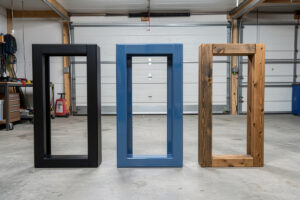 Three steel sim rig frame sections finished with matte black paint, powder coat, and raw oiled steel