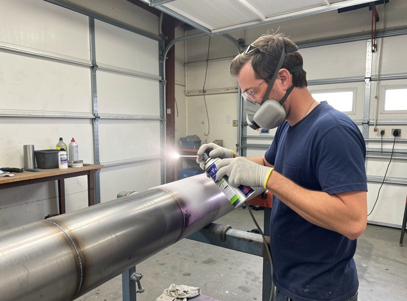 Person spraying self-etching primer on a steel sim rig tube in a ventilated garage