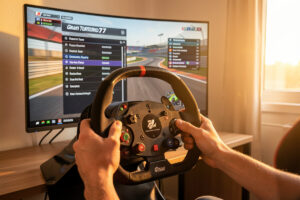 Sim racing wheel in front of a monitor showing the Gran Turismo 7 settings menu