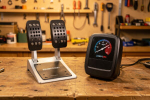 A hydraulic sim racing brake pedal and a load-cell brake pedal side by side on a bench