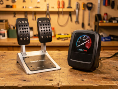 A hydraulic sim racing brake pedal and a load-cell brake pedal side by side on a bench