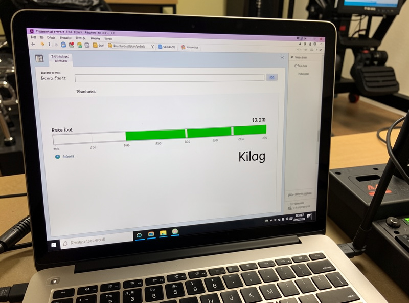 Pedal calibration software showing a brake force output bar and kilogram value on the sim rig