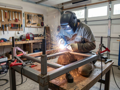 Builder MIG welding a steel-tube sim rig frame in a home garage with clamps holding it square