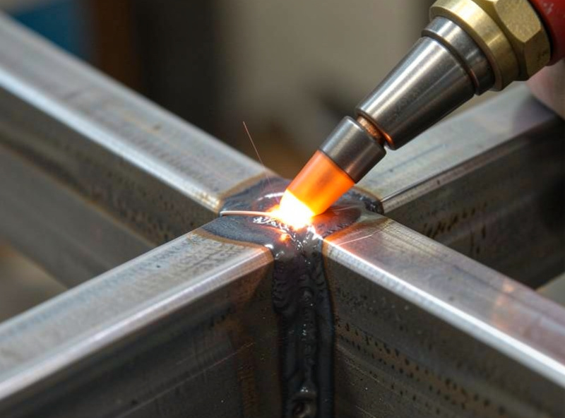 Close-up of a MIG welder nozzle laying a stitch weld on a square steel tube corner joint