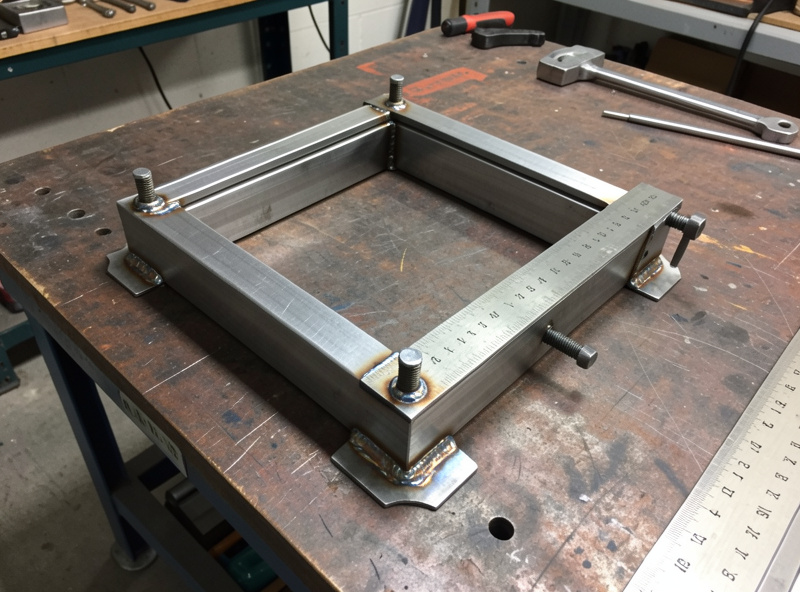 Steel sim rig frame clamped square on a welding table with tack welds and a framing square