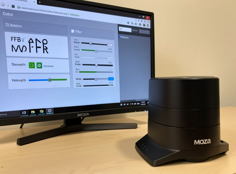 Moza Pit House software open on a monitor showing FFB strength and filter settings next to a Moza direct-drive base