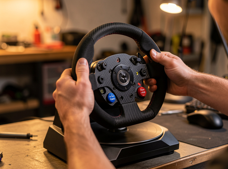 Driver lightly holding a sim racing steering wheel at center on a direct-drive base, the rim self-centering