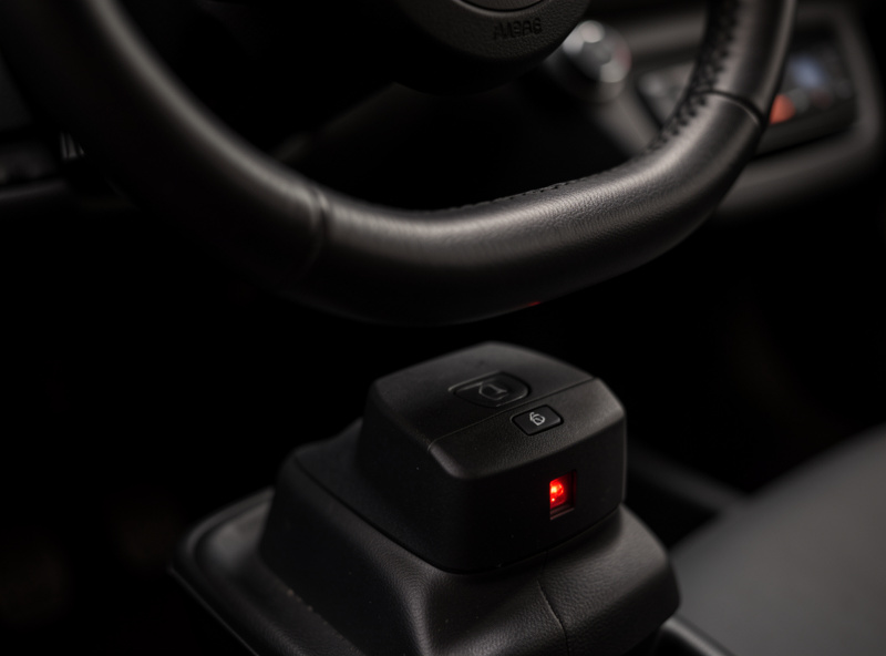 Steering wheel rim on a direct-drive wheelbase with a small mode-indicator LED lit on the housing