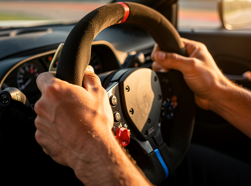 Driver hands gripping a sim racing steering wheel tightly mid-corner as force feedback loads up
