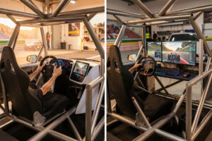 Split scene showing a PS5 sim racing setup and a gaming PC sim racing setup on the same cockpit