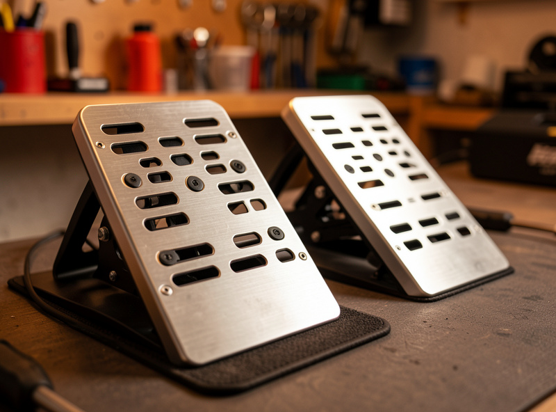 Sim racing pedals at their resting position with no foot on them, brushed metal pedal faces