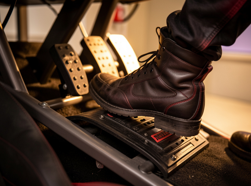 Racing driver foot pressing the brake pedal of a load-cell set firmly to full travel