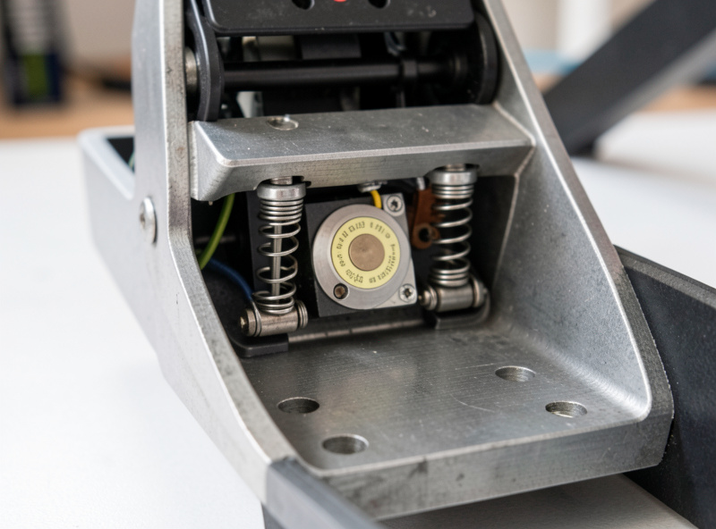 Underside mechanism of a sim racing pedal showing the load cell sensor and return springs on a steel base plate