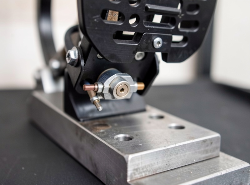 Underside of a sim racing pedal showing the potentiometer sensor and linkage mechanism on a steel base plate