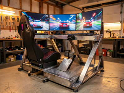 DIY welded steel sim-racing cockpit with a load-cell pedal set and triple monitors