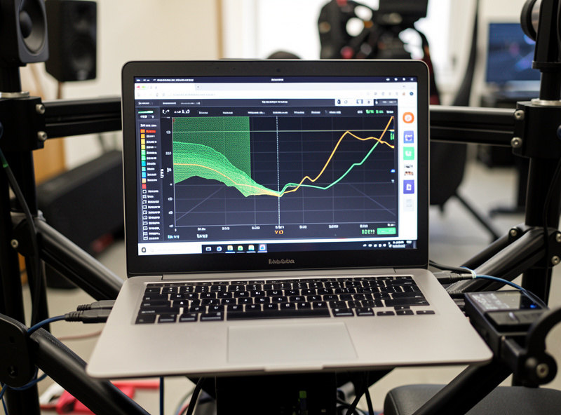 Laptop showing a force-feedback and pedal input telemetry overlay with a brake trace on the sim rig